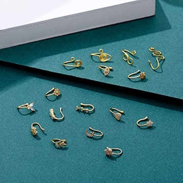TAMHOO 25 Pcs Multi-Style Fake Nose Rings for Women and Men - 14k Gold Plated Copper African Nose Cuff Non Piercing for Teen Grirls - Small Clip On Nose Ring Set,Fake Nose Piercing Ring (#1)