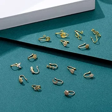 TAMHOO 25 Pcs Multi-Style Fake Nose Rings for Women and Men - 14k Gold Plated Copper African Nose Cuff Non Piercing for Teen Grirls - Small Clip On Nose Ring Set,Fake Nose Piercing Ring (#1)