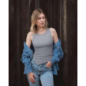 OQQ Women's 2 Piece Tank Tops Ruched Crew Neck Sleeveless Basic Stretch Tee Shirts Grey Beige