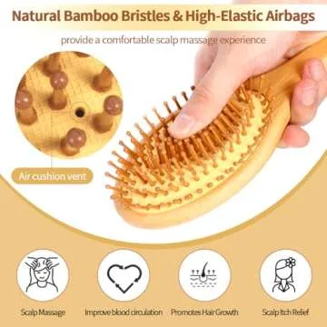 6 Piece Bamboo Hair Brush for Hair Growth, Wooden Paddle Detangler Hairbrush with Natural Bamboo Bristles, For All Hair Types - Women & Men, Scalp Massage, Smooths Tangles & Knots