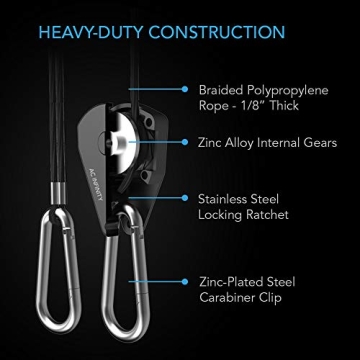 AC Infinity, Adjustable 1/8” Rope Hanger, Heavy-Duty Stainless Steel Gears Ratchets, 150 lbs Weight Capacity, 1 Pair