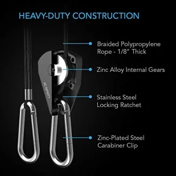 AC Infinity, Adjustable 1/8” Rope Hanger, Heavy-Duty Stainless Steel Gears Ratchets, 150 lbs Weight Capacity, 1 Pair