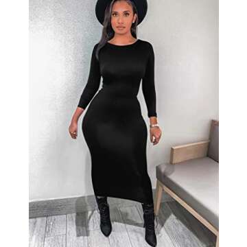 Mokoru Women's Casual Bodycon Long Sleeve Sexy Tight Club Party Midi Pencil Dresses, X-Large, Black