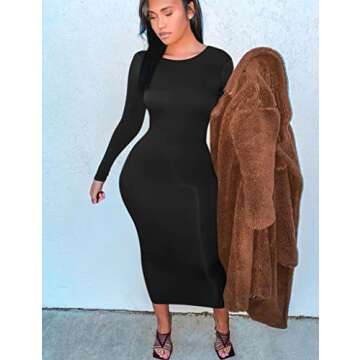Mokoru Women's Casual Bodycon Long Sleeve Sexy Tight Club Party Midi Pencil Dresses, X-Large, Black