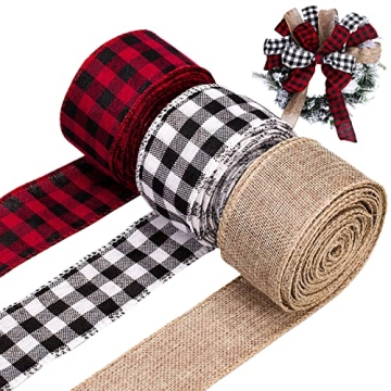 Whaline 3 Rolls Wired Edge Ribbons, 30 Yards x 2 Inches Black Red Plaid Ribbon, Black White Buffalo ...