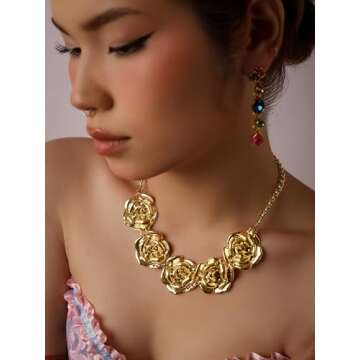 OJERRY Byzantine Medieval Renaissance Bold Vintage Retro Chunky Costume Gold-Toned Statement Pendant Rose Flower Charm Necklace Cool Jewelry Necklaces Coolest Gifts for Women Chunky Trendy