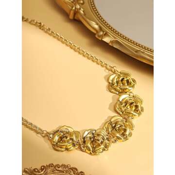 OJERRY Byzantine Medieval Renaissance Bold Vintage Retro Chunky Costume Gold-Toned Statement Pendant Rose Flower Charm Necklace Cool Jewelry Necklaces Coolest Gifts for Women Chunky Trendy