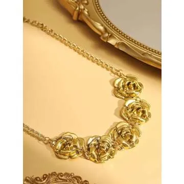 OJERRY Byzantine Medieval Renaissance Bold Vintage Retro Chunky Costume Gold-Toned Statement Pendant Rose Flower Charm Necklace Cool Jewelry Necklaces Coolest Gifts for Women Chunky Trendy