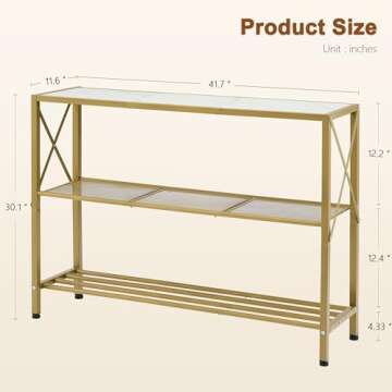 Hoctieon Gold Console Table, 3 Tier Entryway Table, Hallway Table, Narrow Sofa Table with Shelves, Entrance Table for Entryway, Gold and White