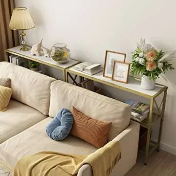 Hoctieon Gold Console Table, 3 Tier Entryway Table, Hallway Table, Narrow Sofa Table with Shelves, Entrance Table for Entryway, Gold and White