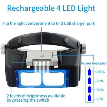 Beileshi Rechargeable Head-Mounted Magnifier with LED Light, Headband Double Lens Illuminated Readin...