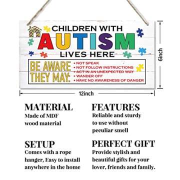 Children With Autism Lives Here Sign, Hanging Wood Sign Home Decorative, Printed Wood Wall Art Sign,...