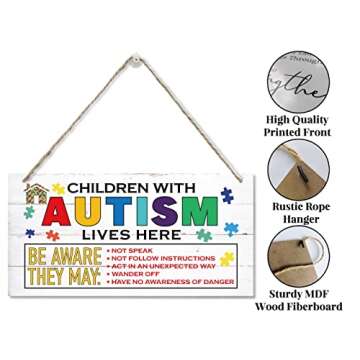 Children With Autism Lives Here Sign, Hanging Wood Sign Home Decorative, Printed Wood Wall Art Sign, Colorful Autism Awareness Sign, Autistic Support Decorative Plaque, Autism Door Sign 12 * 6inch