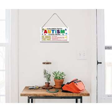 Children With Autism Lives Here Sign, Hanging Wood Sign Home Decorative, Printed Wood Wall Art Sign, Colorful Autism Awareness Sign, Autistic Support Decorative Plaque, Autism Door Sign 12 * 6inch
