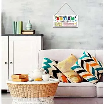 Children With Autism Lives Here Sign, Hanging Wood Sign Home Decorative, Printed Wood Wall Art Sign, Colorful Autism Awareness Sign, Autistic Support Decorative Plaque, Autism Door Sign 12 * 6inch