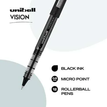 Uniball Vision Rollerball Pen - 12 Pack, Black Pens, 0.5mm Micro Tip Size - Smooth Writing Japanese Pens, School Supplies