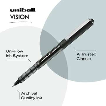Uniball Vision Rollerball Pen - 12 Pack, Black Pens, 0.5mm Micro Tip Size - Smooth Writing Japanese Pens, School Supplies