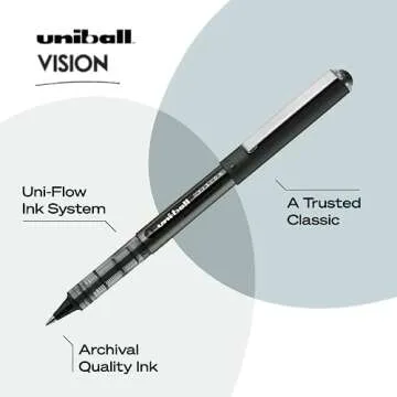 Uniball Vision Rollerball Pen - 12 Pack, Black Pens, 0.5mm Micro Tip Size - Smooth Writing Japanese Pens, School Supplies