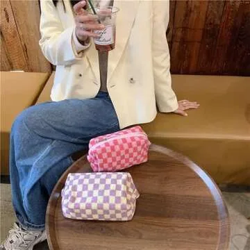 Checkered Makeup Bag,Travel Makeup Bag Toiletry Bag Cute Makeup Brushes Bag Cosmetic Bags for Women Zipper Preppy Makeup Bags for Purse Large Travel Cosmetic Bag (Girls Pink)