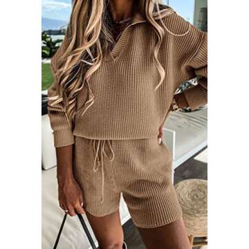 PRETTYGARDEN Women's 2 Piece Outfits 2024 Winter Long Sleeve V Neck Knit Pullover And Shorts Sweater Tracksuit Sets (Khaki,Large)