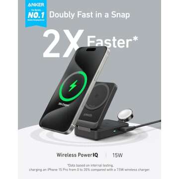 Anker MagGo 3-in-1 iPhone 16 Charging Station, MagSafe-Compatible Wireless Charger Stand, Qi2 Certif...