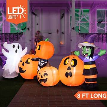 Joiedomi Halloween Inflatable 8 ft Long Three Halloween Characters and Pumpkin Patch Blow Up Inflatables with Build-in LEDs for Party Indoor, Outdoor Yard Lawn Garden Decorations