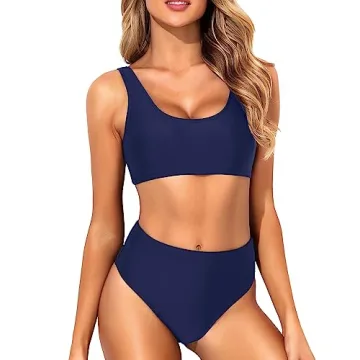 Shop Tempt Me Navy Blue High Waisted Bikini Set