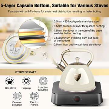 Tea Kettle Stove Top 3.17Quart Modern Whistling Tea Kettle-Surgical 5 Layer Stainless Steel Teakettle Teapot with Cool Touch Ergonomic Handle Teapot - Pot For Stove Top