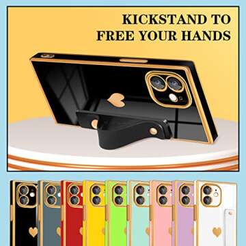 Petitian for iPhone 12 Case Stand/String, Luxury Cute Women Girls Heart Electroplated Designer Phone Cases for 12, Black