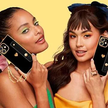 Petitian for iPhone 12 Case Stand/String, Luxury Cute Women Girls Heart Electroplated Designer Phone Cases for 12, Black