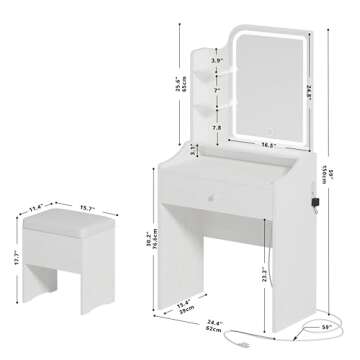 LIKIMIO Small Makeup Vanity Desk with Mirror and Lights, Vanity Table Set with Storage Drawer, Chair...