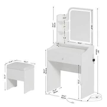 LIKIMIO Small Makeup Vanity Desk with Mirror and Lights, Vanity Table Set with Storage Drawer, Chair...