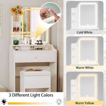 LIKIMIO Small Makeup Vanity Desk with Mirror and Lights, Vanity Table Set with Storage Drawer, Chair and Three Shelves, Bedroom, White