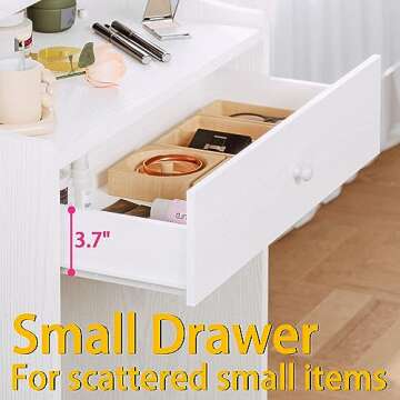 LIKIMIO Small Makeup Vanity Desk with Mirror and Lights, Vanity Table Set with Storage Drawer, Chair and Three Shelves, Bedroom, White