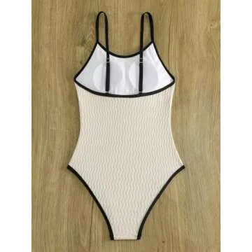 Floerns Women's One Piece Swimsuit Contrast Binding Tummy Control Monokini Swimwear Beige Medium