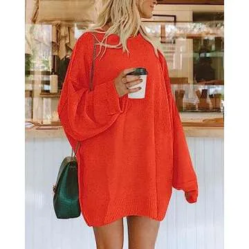 BTFBM 2025 Womens Sweaters Casual Crewneck Long Sleeve Oversized Sweater Dress Fall Winter Loose Slouchy Soft Pullover(Solid Orange, Large)