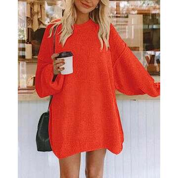 BTFBM 2025 Womens Sweaters Casual Crewneck Long Sleeve Oversized Sweater Dress Fall Winter Loose Slouchy Soft Pullover(Solid Orange, Large)