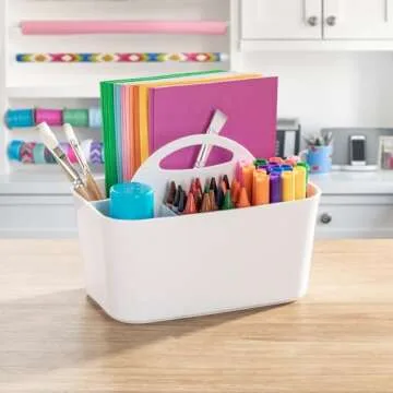 mDesign Plastic Portable Craft Storage Organizer Caddy Tote, Divided Basket Bin with Handle for Crafts, Sewing, Art Supplies - Holds Brushes, Colored Pencils - Lumiere Collection - White