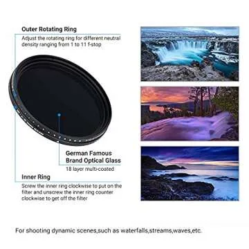 JJC 67mm ND Filter ND2-2000 VND Variable Neutral Density Adjustable Fader for Sony FE 24mm f1.4, FE 20mm f1.8 G, Sigma 16mm f1.4, 35mm f1.4, Canon EF-S 10-18mm & Other Lenses with 67mm Filter Thread