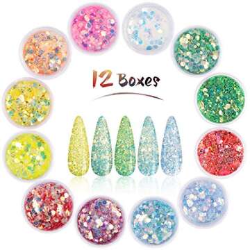 12 Colors Chunky Glitter Nail Sequins, KISSBUTY Body Glitter Mixed Color Glitter Sequins Nail Art Gilter Iridescent Flakes Colorful Paillette Festival Glitter for Body Face Hair Make Up Nail Art