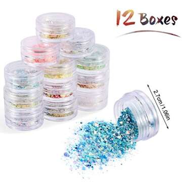 12 Colors Chunky Glitter Nail Sequins, KISSBUTY Body Glitter Mixed Color Glitter Sequins Nail Art Gilter Iridescent Flakes Colorful Paillette Festival Glitter for Body Face Hair Make Up Nail Art