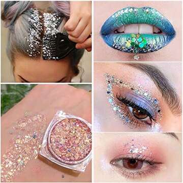 12 Colors Chunky Glitter Nail Sequins, KISSBUTY Body Glitter Mixed Color Glitter Sequins Nail Art Gilter Iridescent Flakes Colorful Paillette Festival Glitter for Body Face Hair Make Up Nail Art