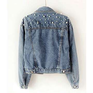 Ainangua Women's Pearl Beaded Distressed Denim Jacket