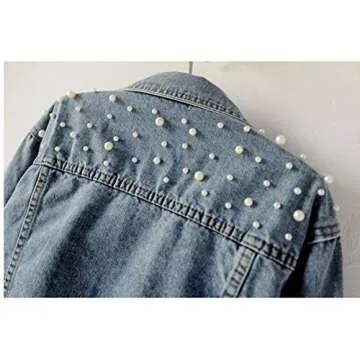 Ainangua Women's Pearl Beaded Distressed Denim Jacket