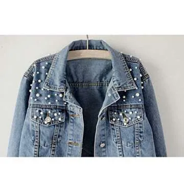 Ainangua Women's Pearl Beaded Distressed Denim Jacket