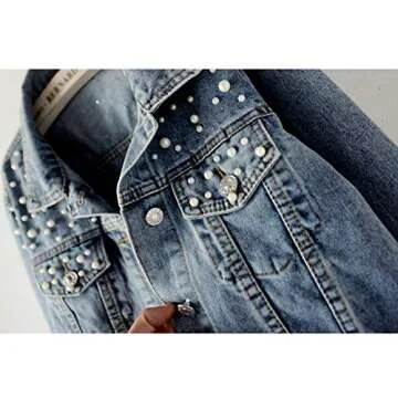 Ainangua Women's Pearl Beaded Distressed Denim Jacket