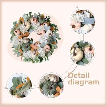 idyllic 22" Rustic Farmhouse Fall Wreath - Green Pink White Pumpkin Wreath with Hydrangea & Lamb Ear...