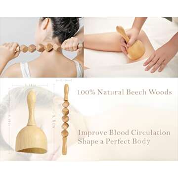 OYAMEQICH Wood Therapy Massage Tools Maderoterapia Kit Body Sculpting Tools for Lymphatic Drainage and Anti-Cellulite .Wood Massager Roller Rpoe for Back and Muscle Pain Relief (Medium)