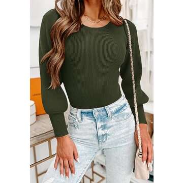MASCOMODA Long Puff Sleeve Sweaters for Women 2024 Fall Winter Crewneck Knit Ribbed Bodysuit Pullove...