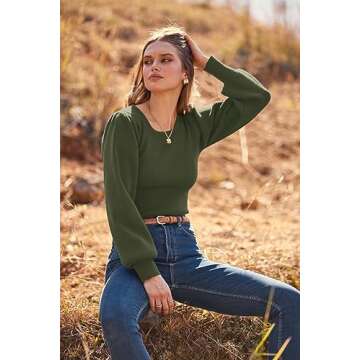 MASCOMODA Long Puff Sleeve Sweaters for Women 2024 Fall Winter Crewneck Knit Ribbed Bodysuit Pullover Tops (Army Green, Small)